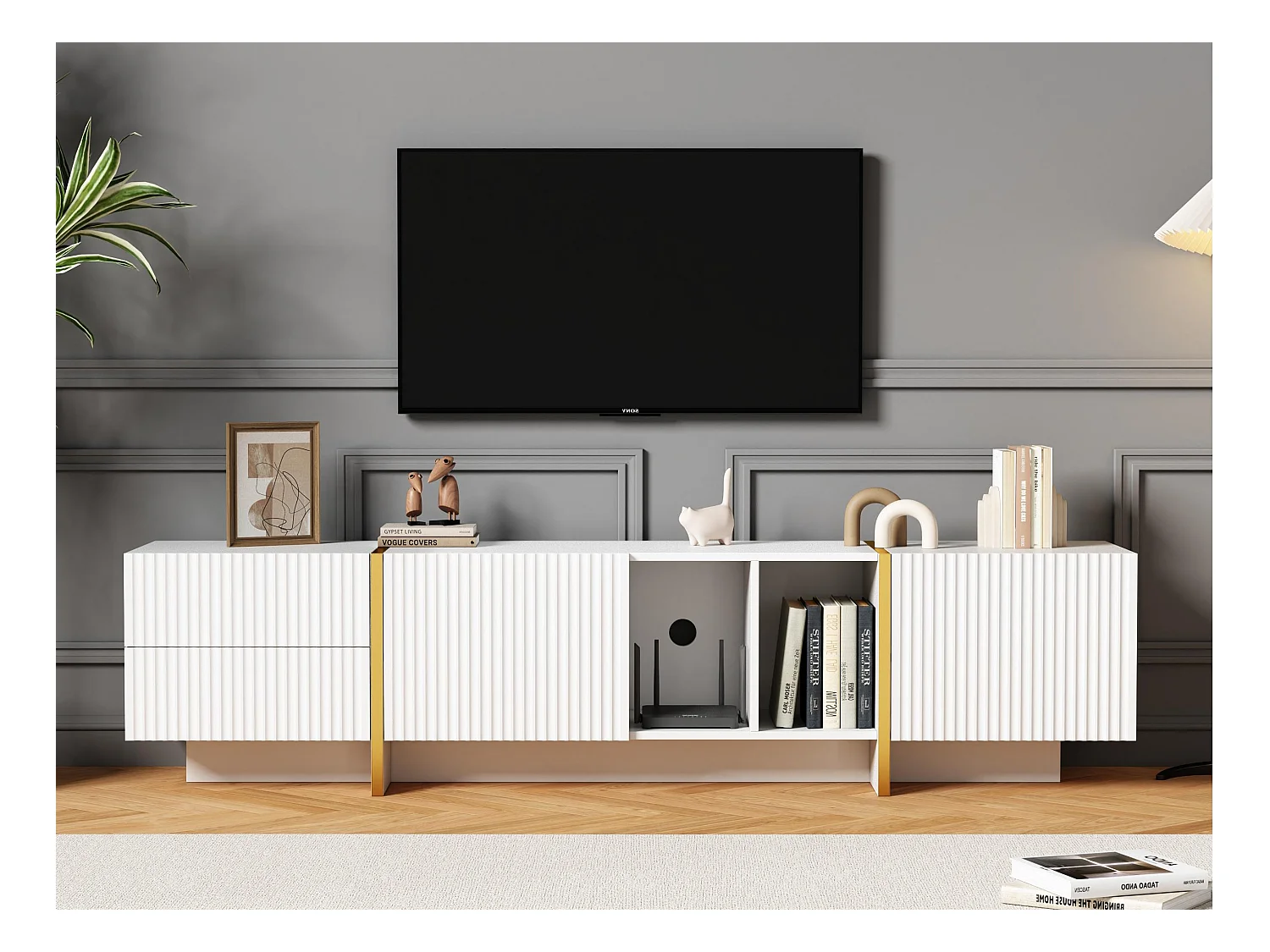 Meuble TV 190 cm - avec 2 portes 2 tiroirs 2 compartiments - Blanc