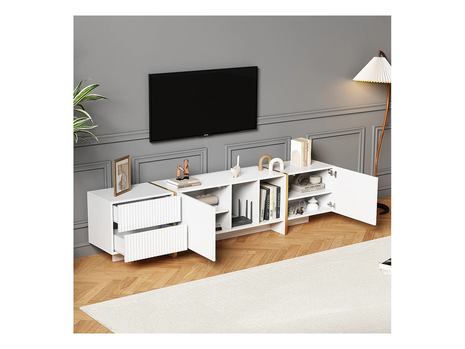 Meuble TV 190 cm - avec 2 portes 2 tiroirs 2 compartiments - Blanc
