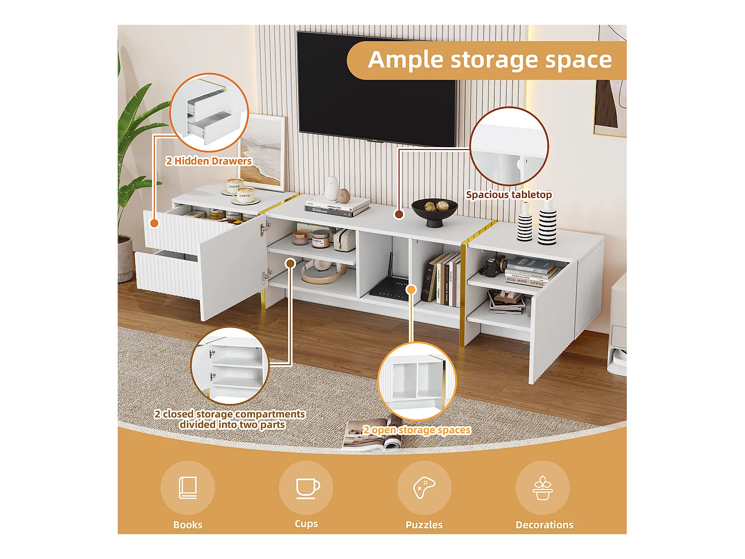 Meuble TV 190 cm - avec 2 portes 2 tiroirs 2 compartiments - Blanc