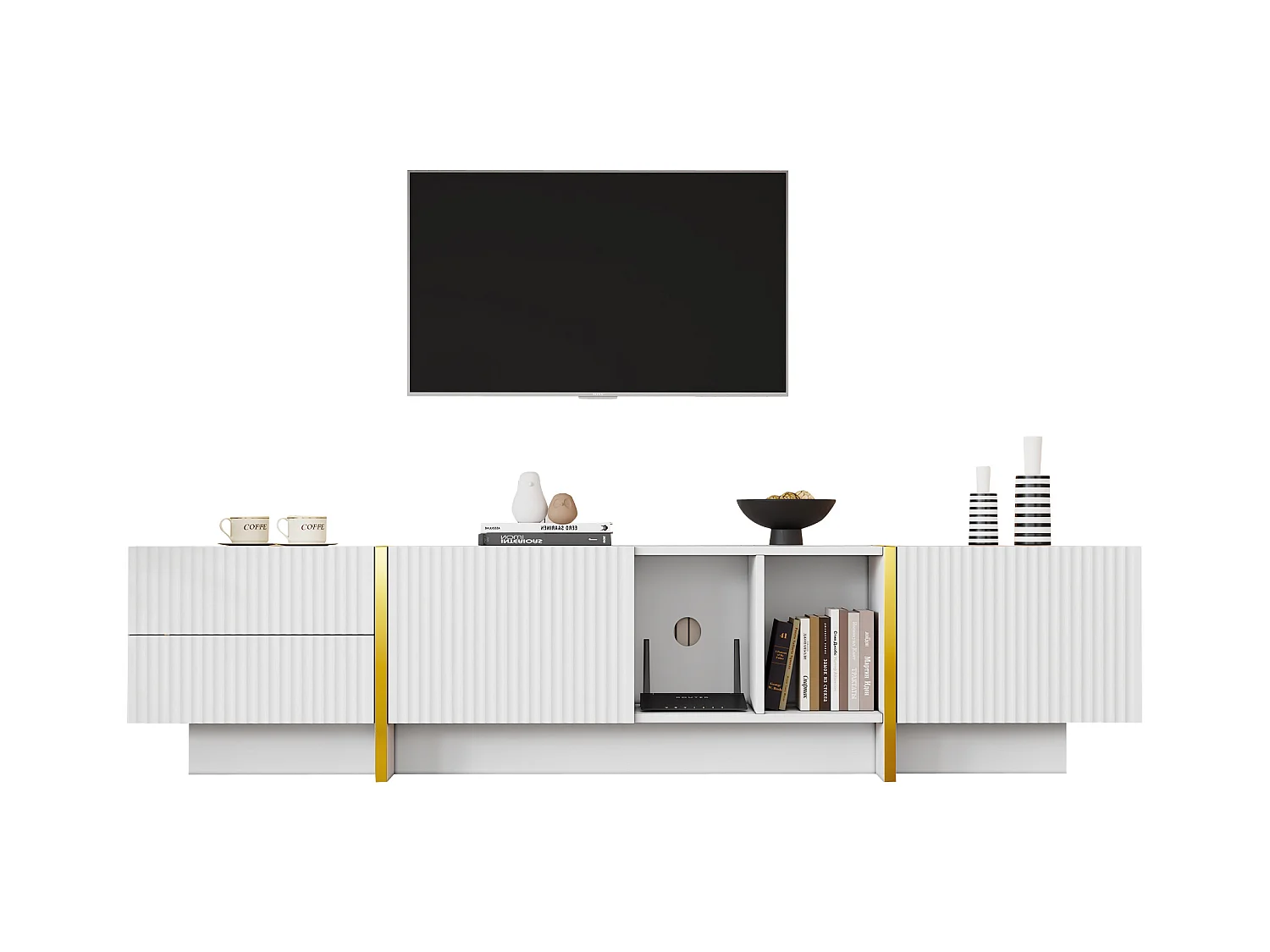 Meuble TV 190 cm - avec 2 portes 2 tiroirs 2 compartiments - Blanc