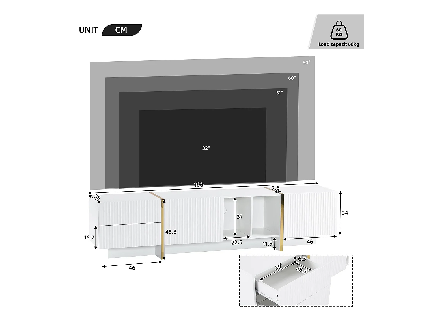 Meuble TV 190 cm - avec 2 portes 2 tiroirs 2 compartiments - Blanc