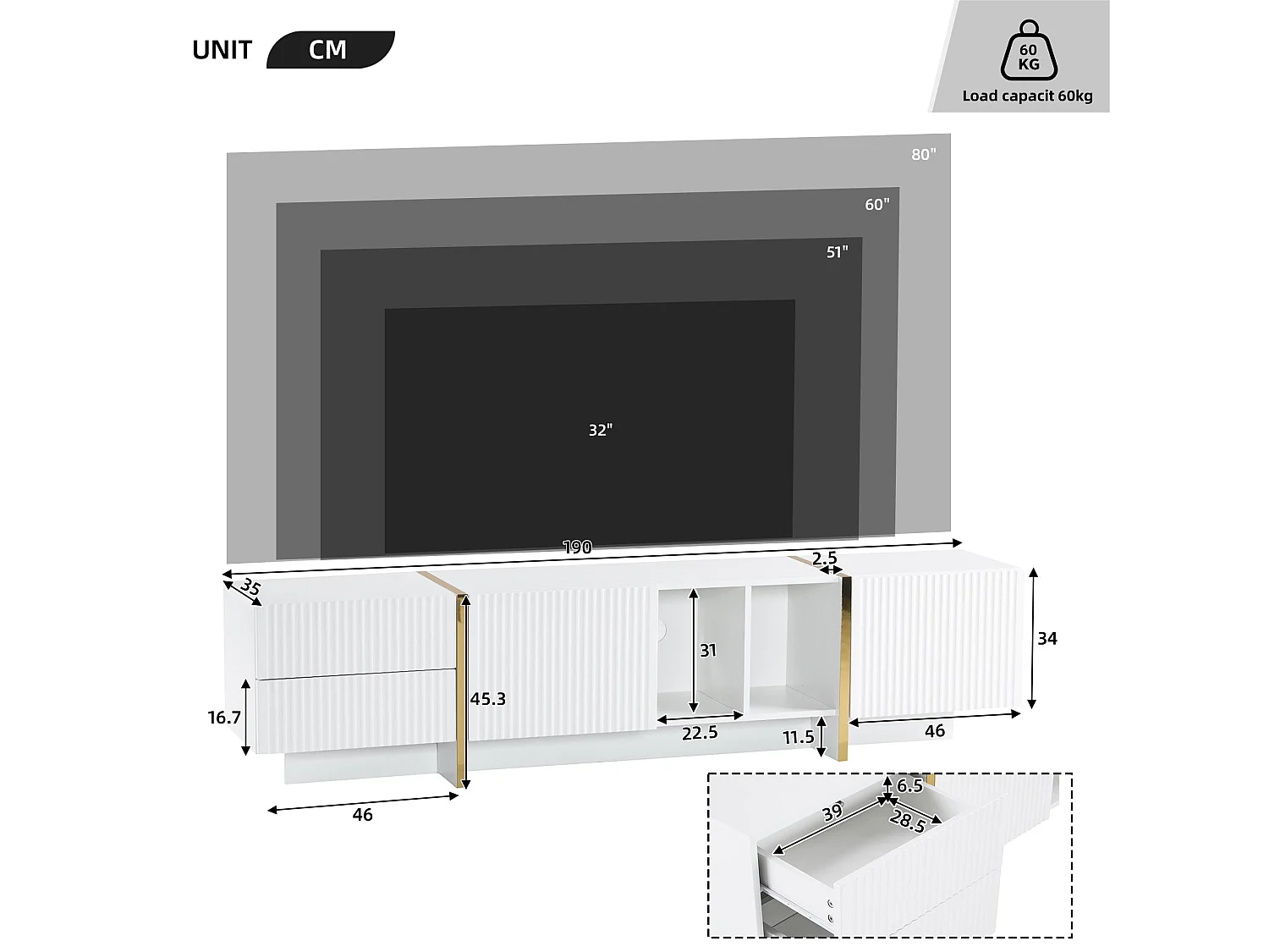 Móvel TV 190 cm - com 2 portas 2 gavetas 2 compartimentos - Branco