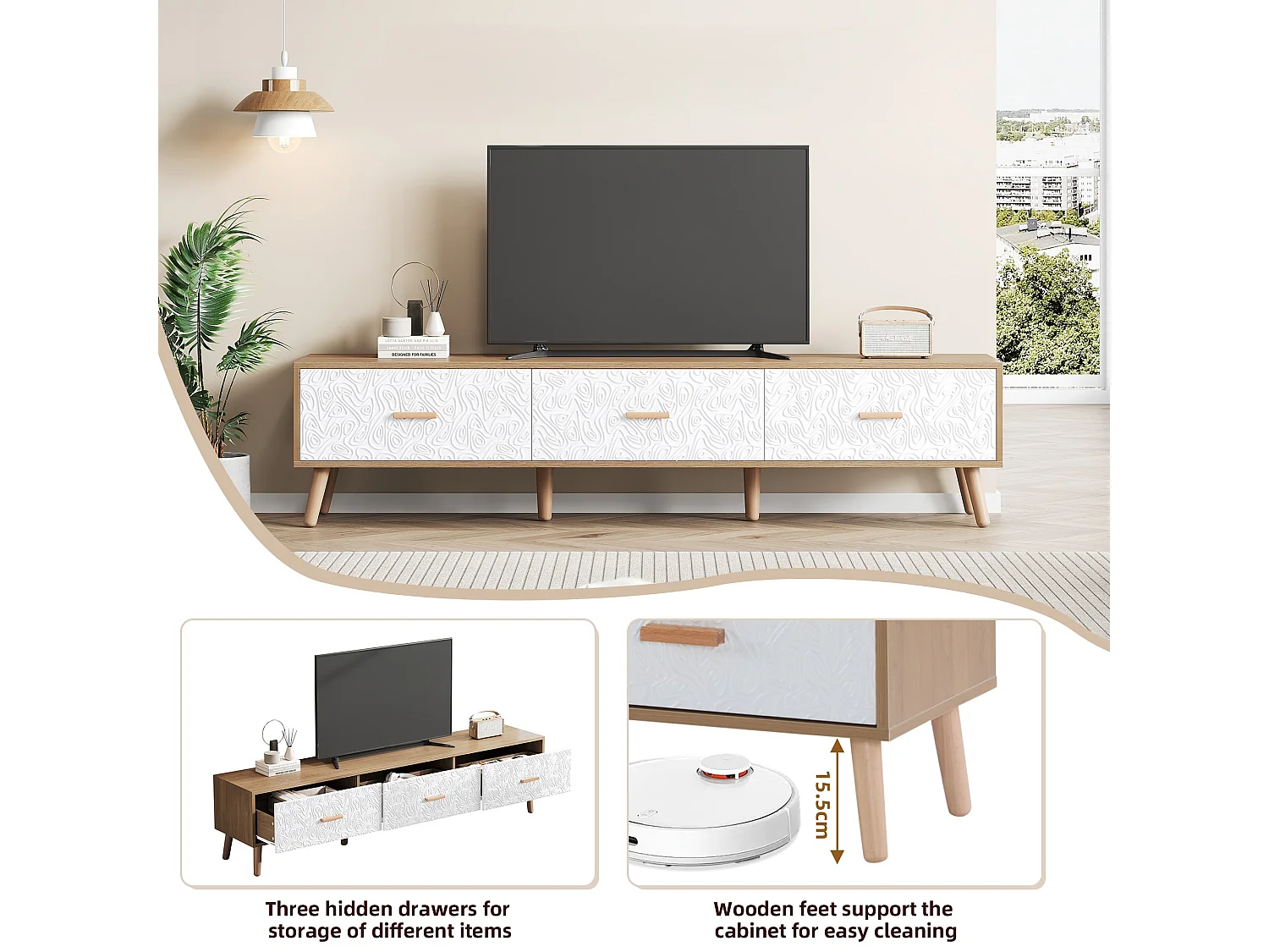 150 cm TV-Schrank – 3 Schubladen – Spanplatte – Weiß