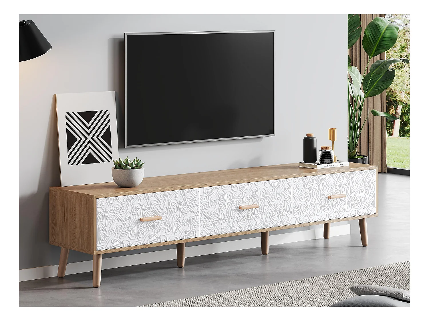 Meuble TV 150 cm - 3 tiroirs - en panneaux de particules - Blanc