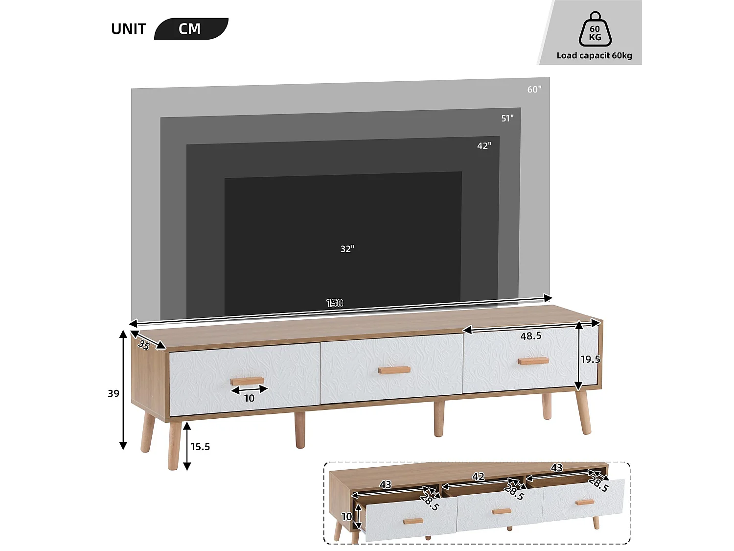 Meuble TV 150 cm - 3 tiroirs - en panneaux de particules - Blanc