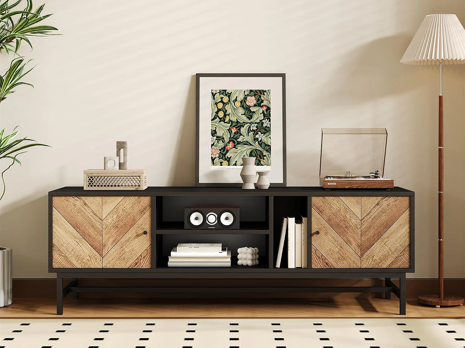 Meuble TV 150x38x55cm - avec étagères et 2 portes - Naturel + Noir