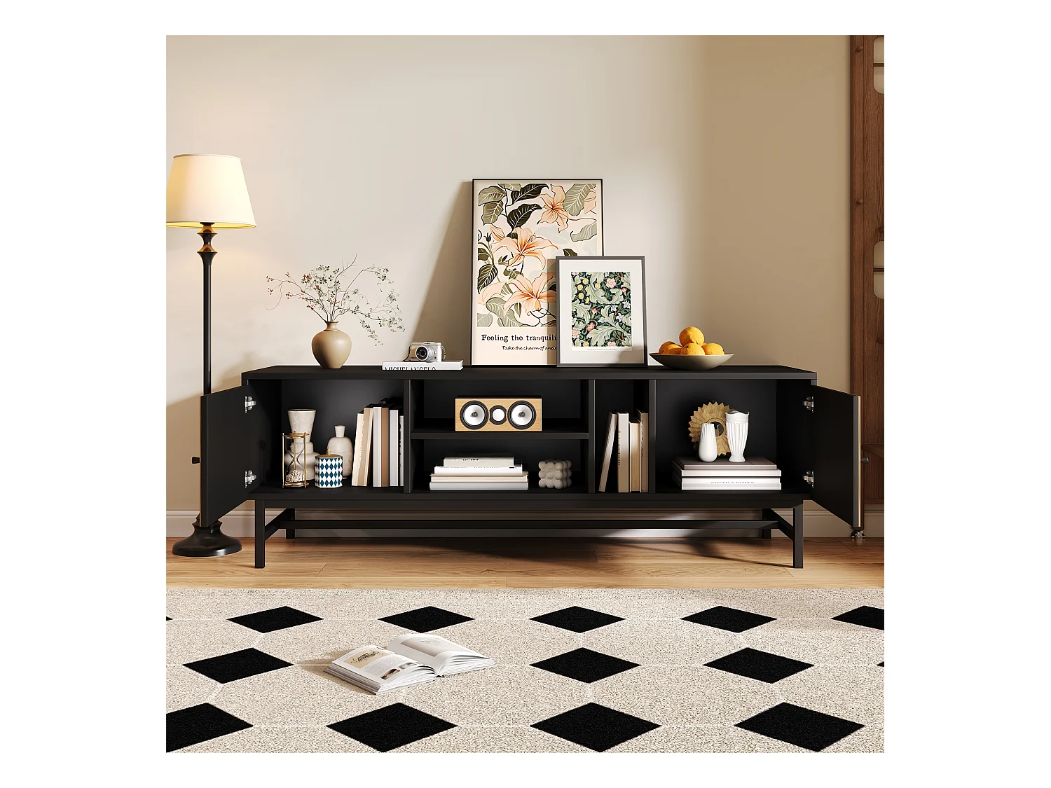 Meuble TV 150x38x55cm - avec étagères et 2 portes - Naturel + Noir