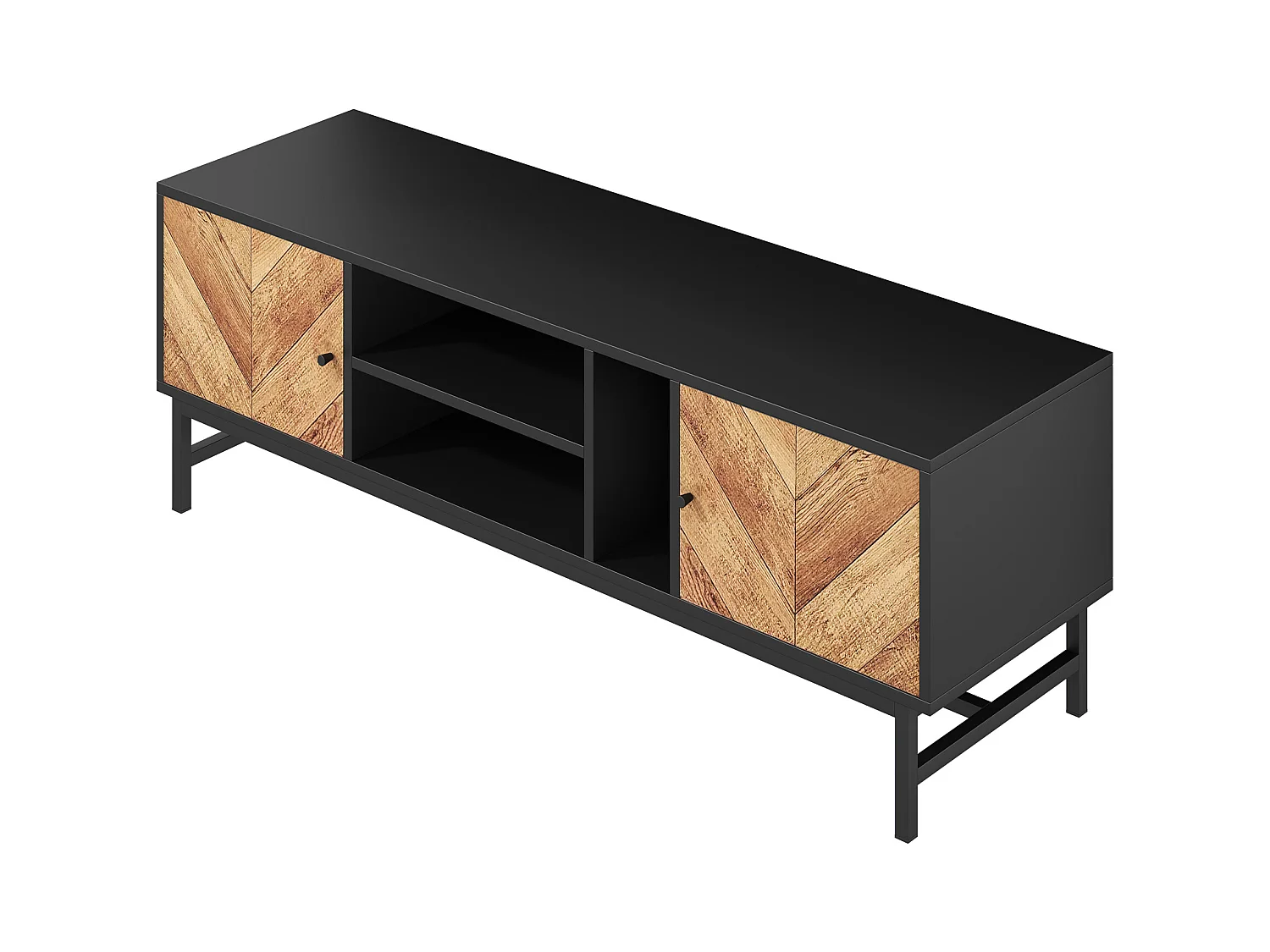 Meuble TV 150x38x55cm - avec étagères et 2 portes - Naturel + Noir