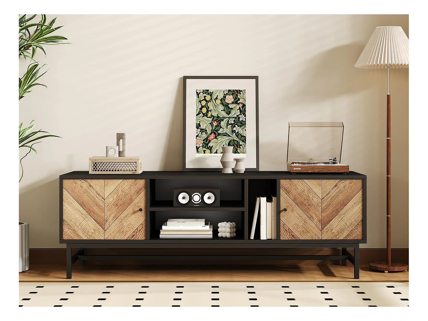 Meuble TV 150x38x55cm - avec étagères et 2 portes - Naturel + Noir