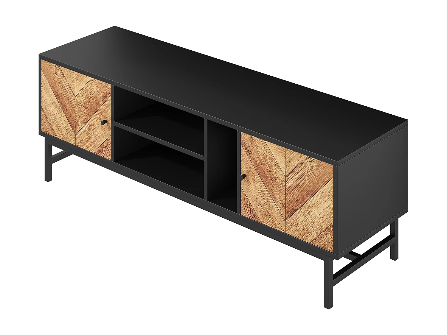 Meuble TV 150x38x55cm - avec étagères et 2 portes - Naturel + Noir