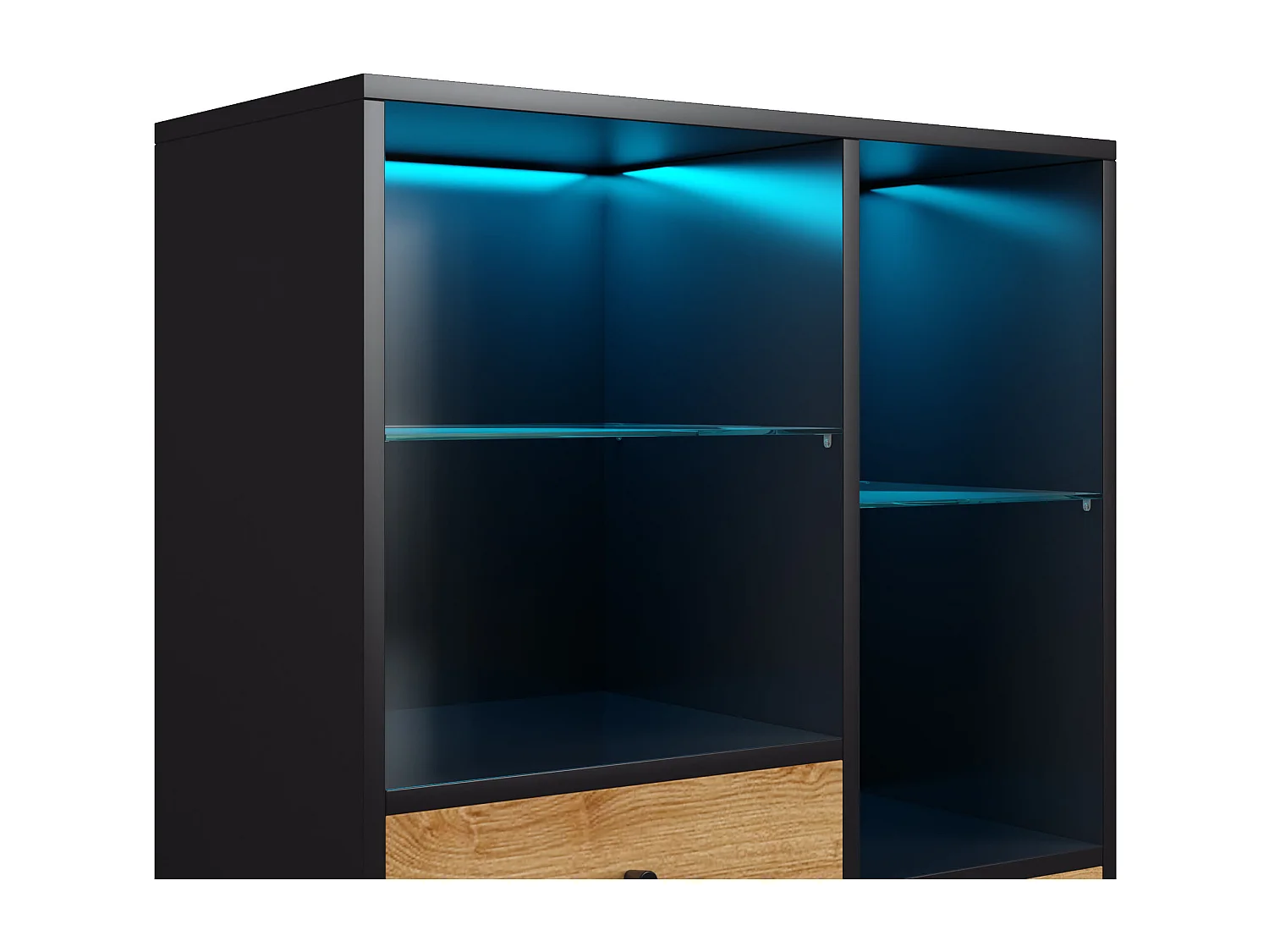 Aparador alto com LED - 1 porta + 2 gavetas + 6 compartimentos - Natural + Preto