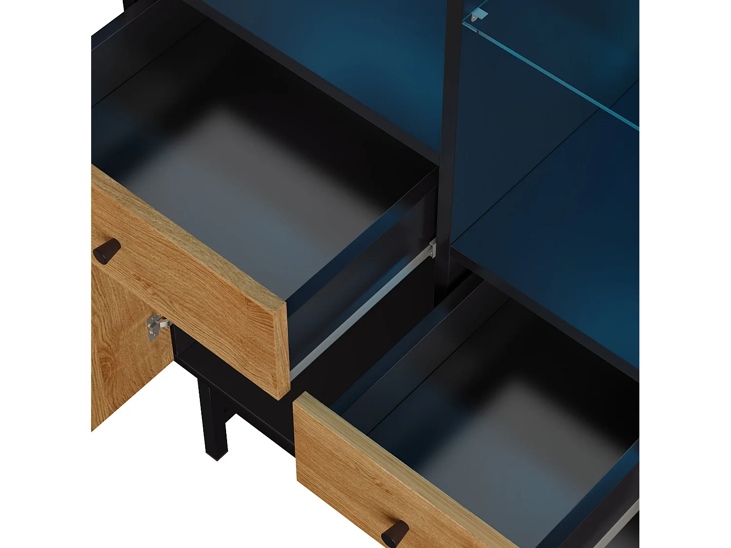 Aparador alto com LED - 1 porta + 2 gavetas + 6 compartimentos - Natural + Preto