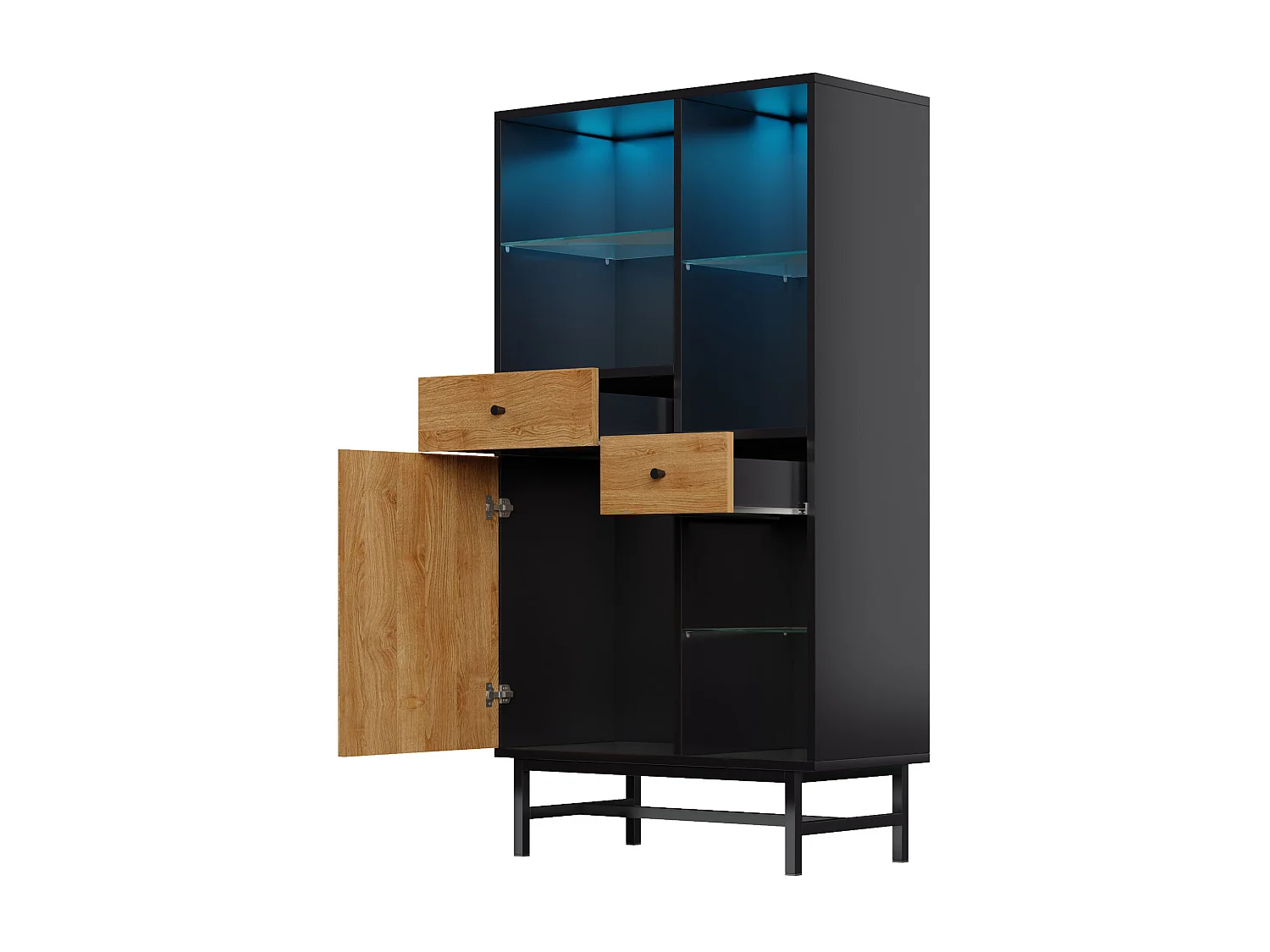 Aparador alto com LED - 1 porta + 2 gavetas + 6 compartimentos - Natural + Preto