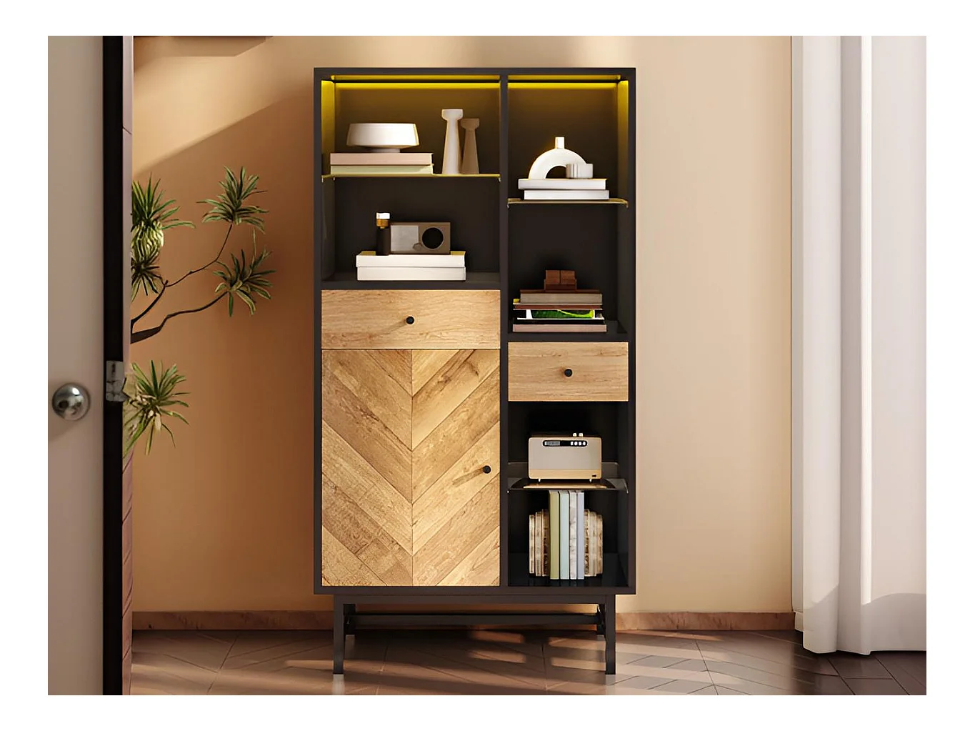 Buffet haut avec LED - 1 porte + 2 tiroirs + 6 compartimentd - Naturel + Noir
