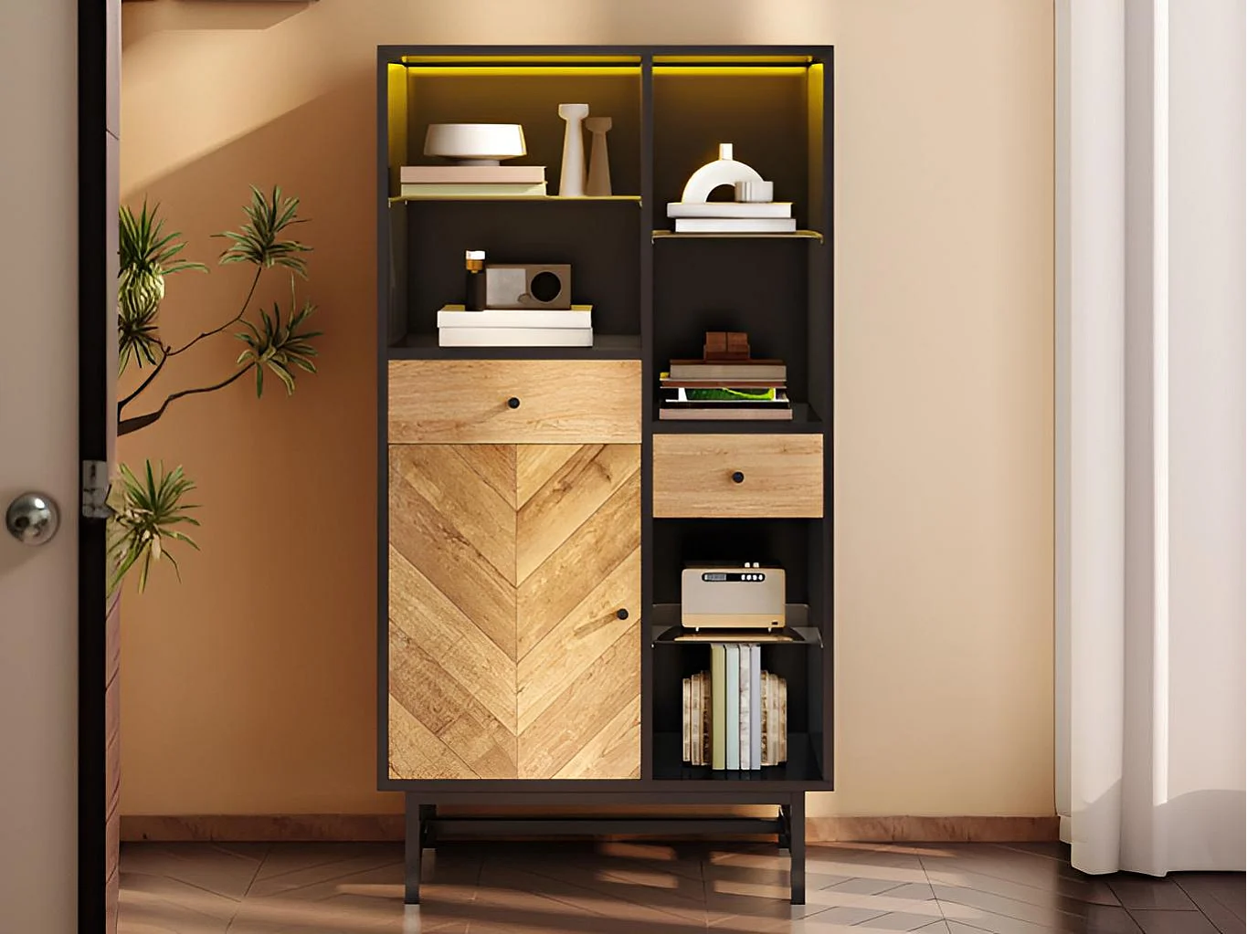 Buffet haut avec LED - 1 porte + 2 tiroirs + 6 compartimentd - Naturel + Noir