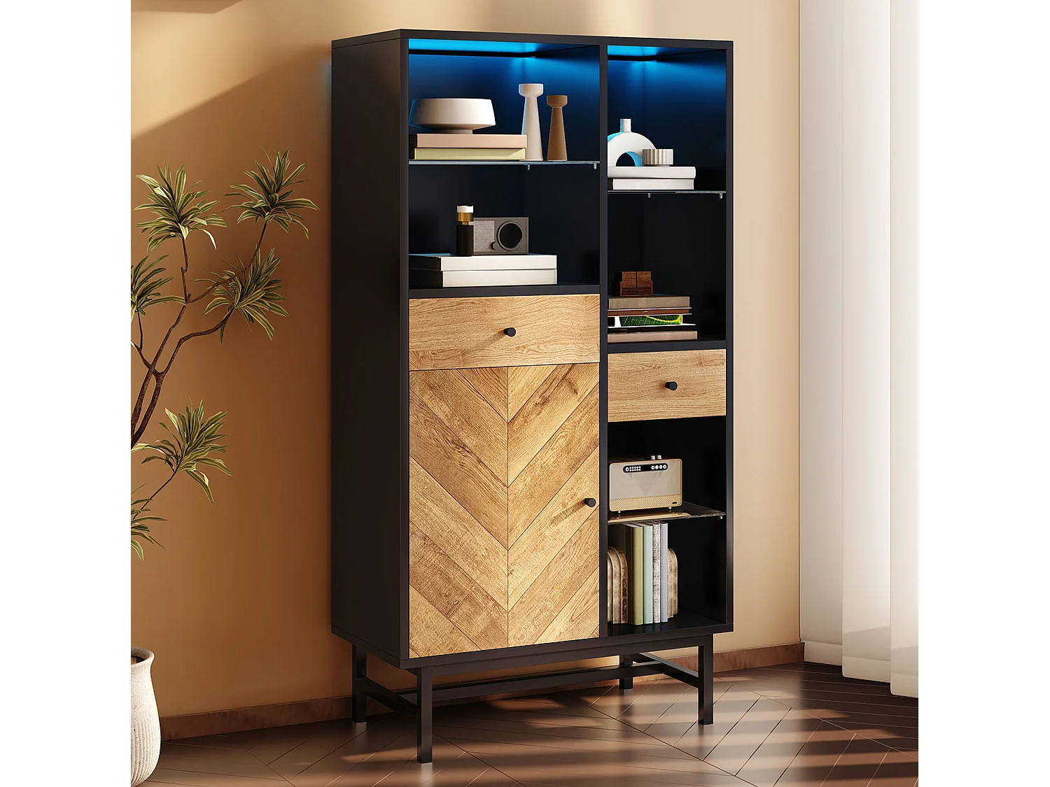 Buffet haut avec LED - 1 porte + 2 tiroirs + 6 compartimentd - Naturel + Noir