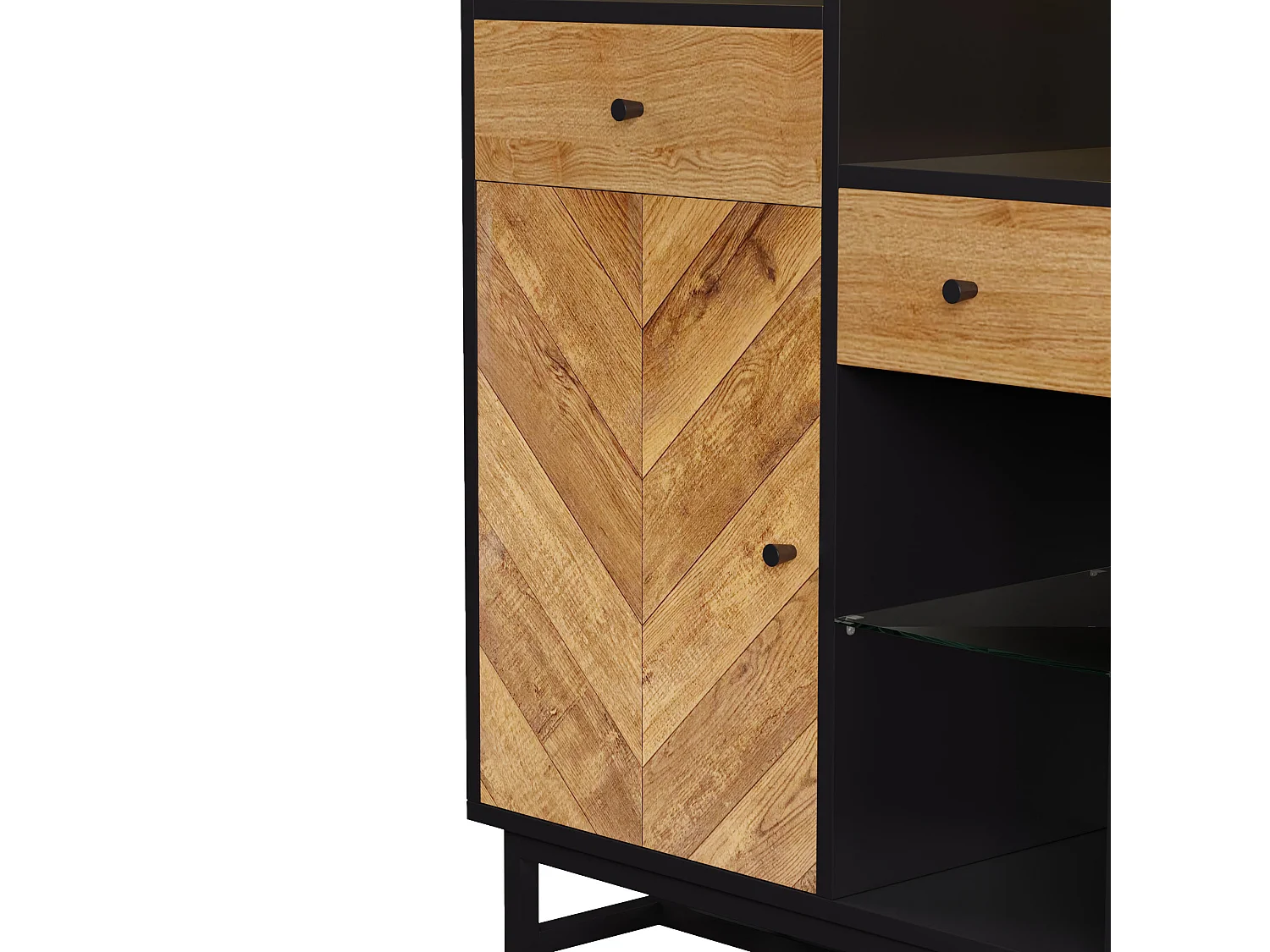 Buffet haut avec LED - 1 porte + 2 tiroirs + 6 compartimentd - Naturel + Noir