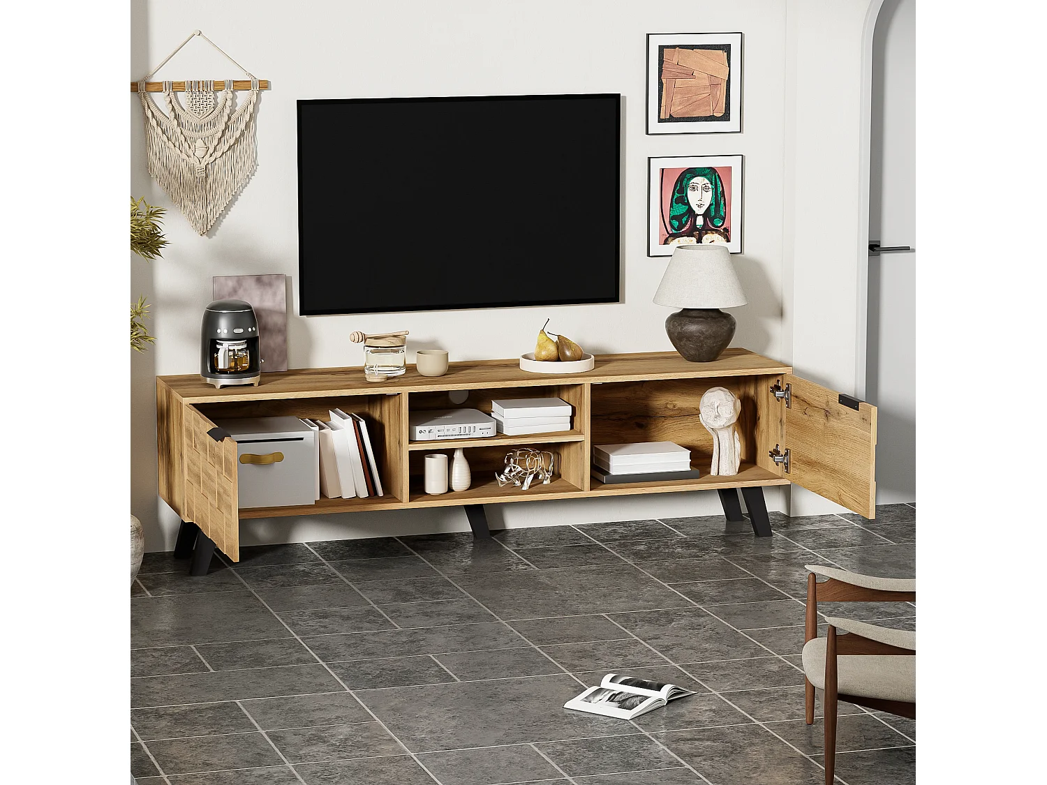 Meuble TV moderne - avec 2 portes et 2 compartiments ouverts - Naturel