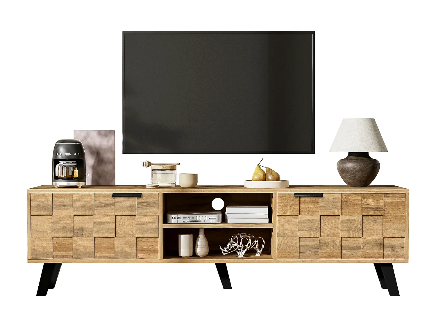 Meuble TV moderne - avec 2 portes et 2 compartiments ouverts - Naturel