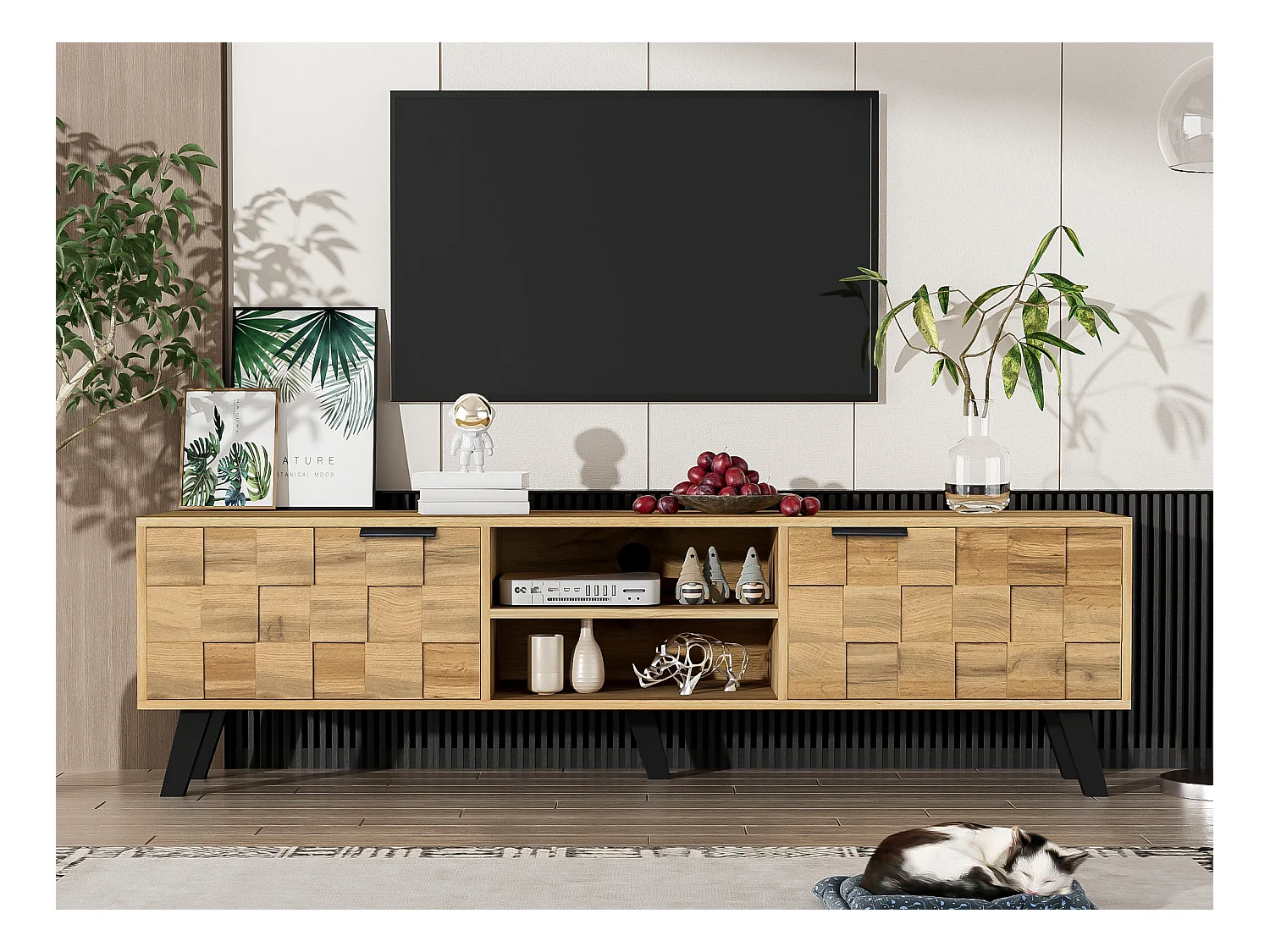 Meuble TV moderne - avec 2 portes et 2 compartiments ouverts - Naturel
