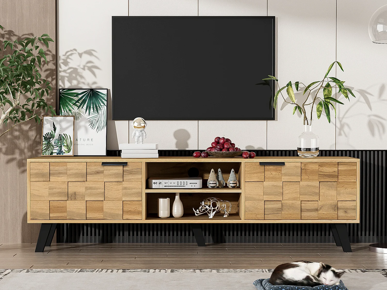 Moderner TV-Schrank – mit 2 Türen und 2 offenen Fächern – Natur