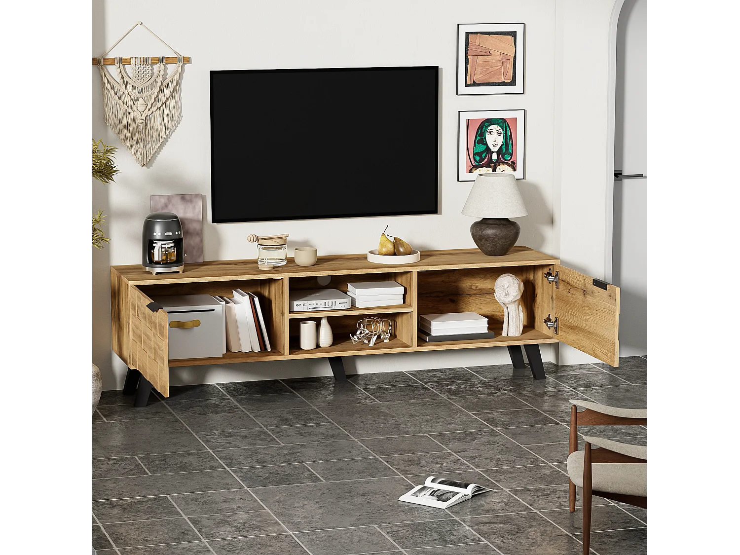 Meuble TV moderne - avec 2 portes et 2 compartiments ouverts - Naturel