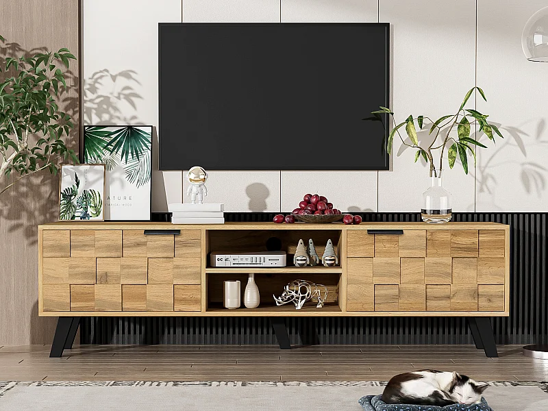 Nowoczesna szafka RTV - z 2 drzwiami i 2 otwartymi przegródkami - Naturalna