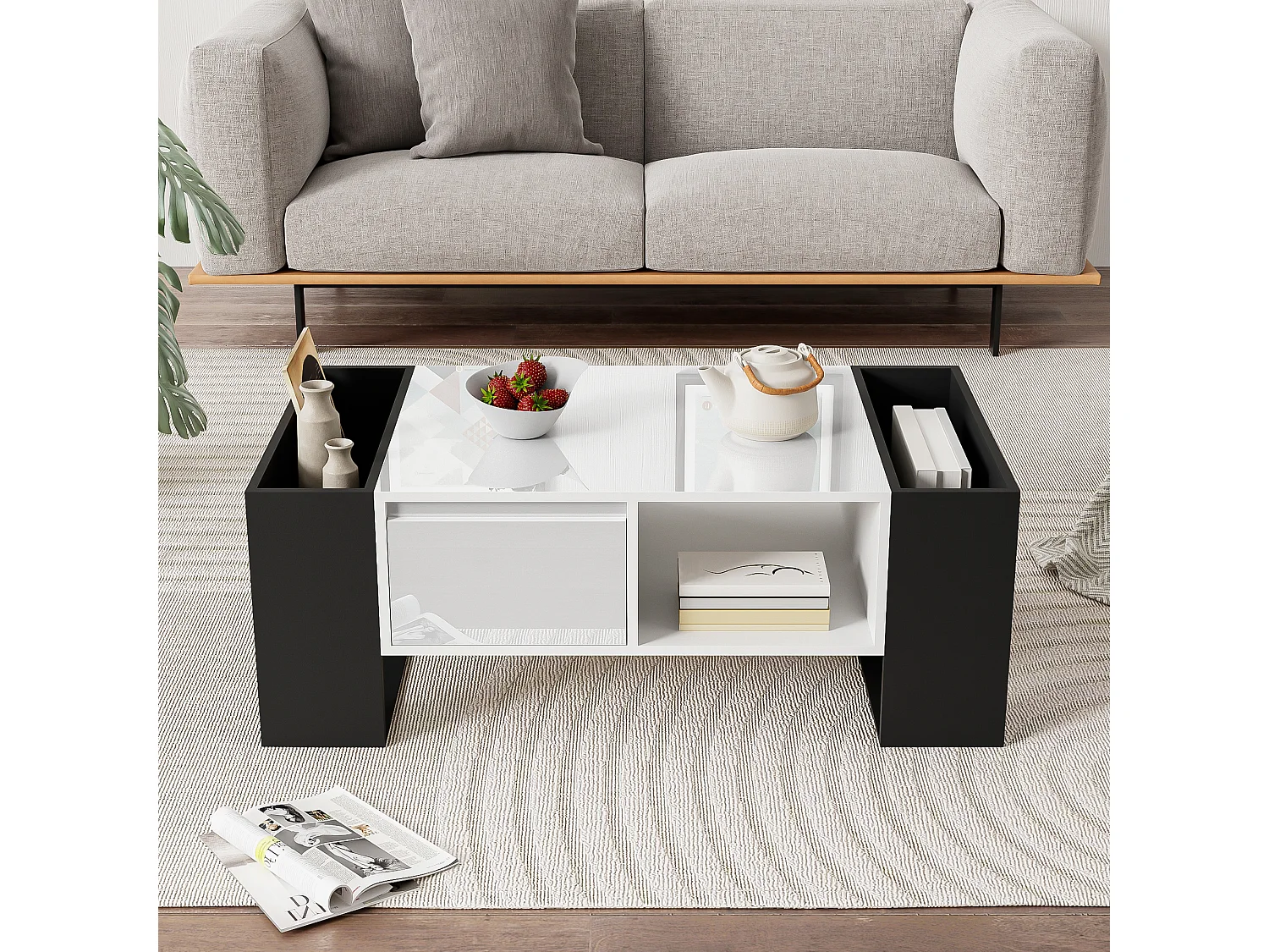 Couchtisch mit einer Schublade – moderner Stil – Weiß und Schwarz