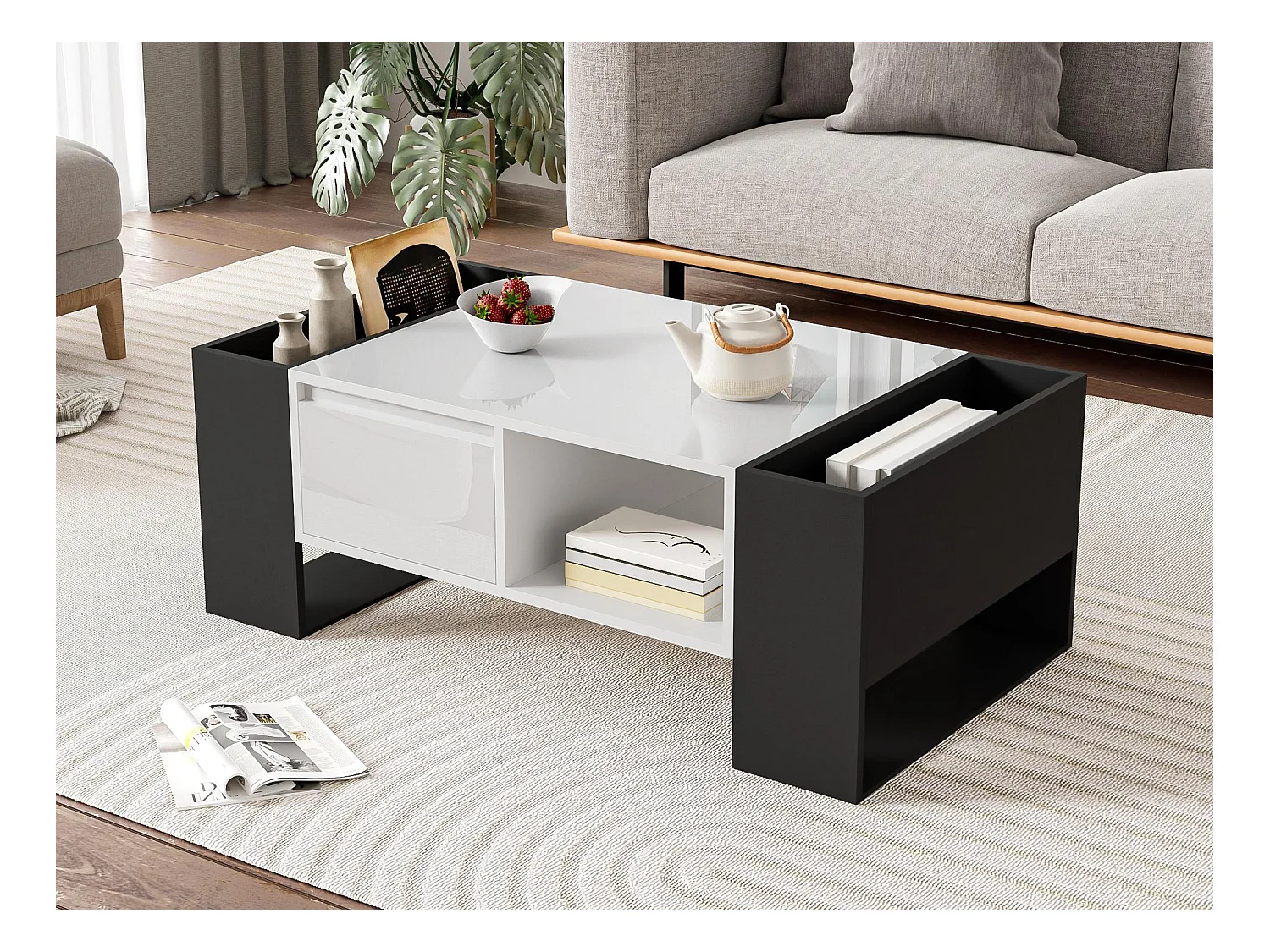 Table basse avec un tiroir - style moderne - Blanc & Noir