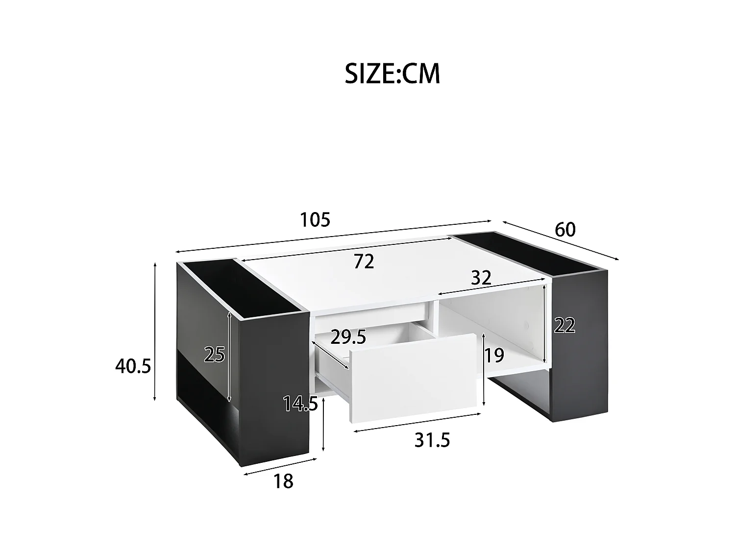 Mesa de centro con un cajón - estilo moderno - Blanco y Negro