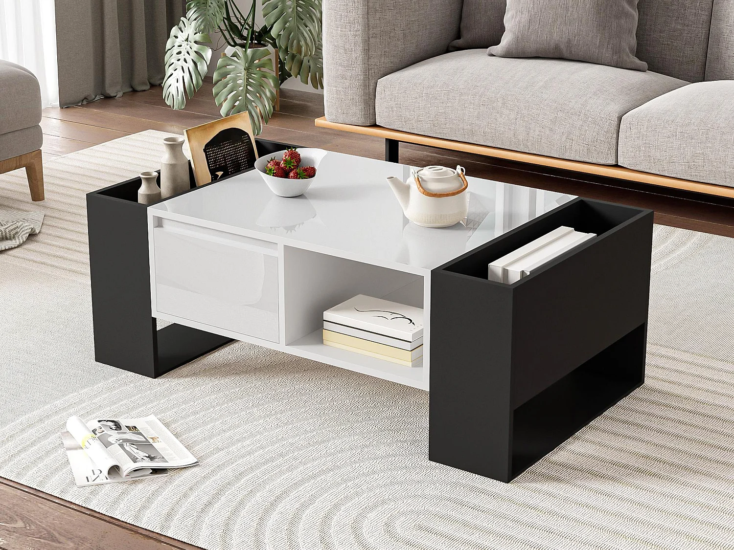 Table basse avec un tiroir - style moderne - Blanc & Noir