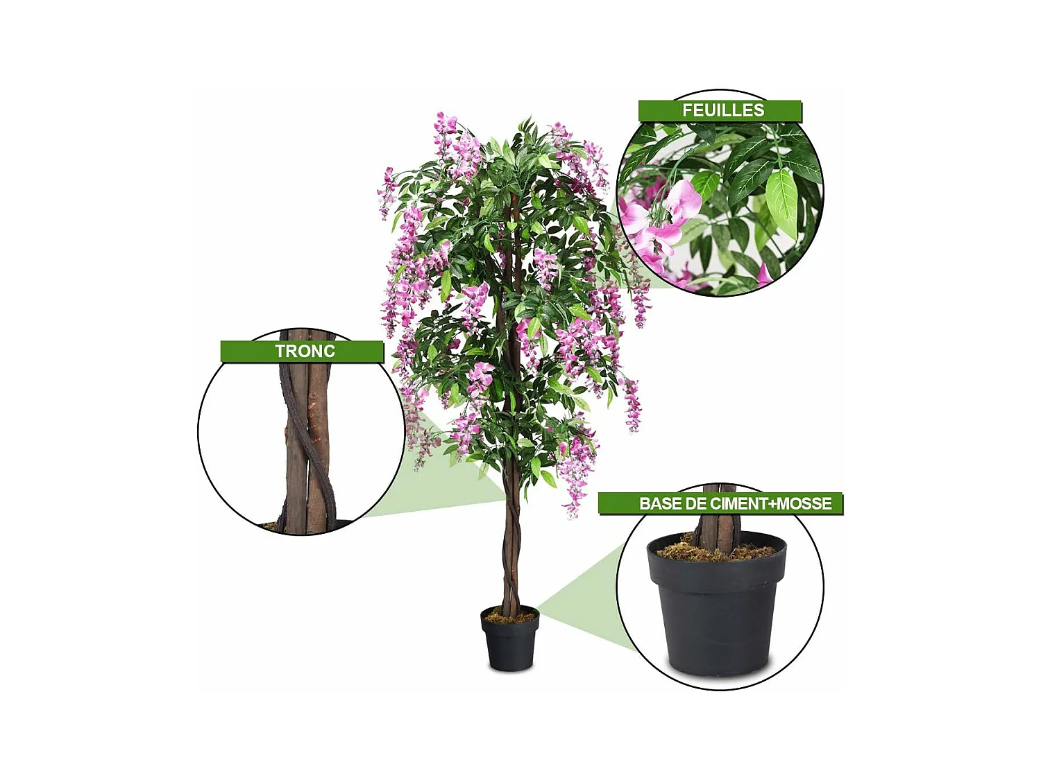 Arbre Artificiel Plante Artificielle en Pot avec Fausses Fleurs Roses Convient pour Intérieur ou Extérieur Wisteria 180cm