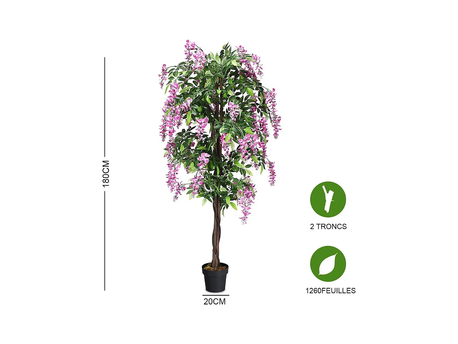 Arbre Artificiel Plante Artificielle en Pot avec Fausses Fleurs Roses Convient pour Intérieur ou Extérieur Wisteria 180cm
