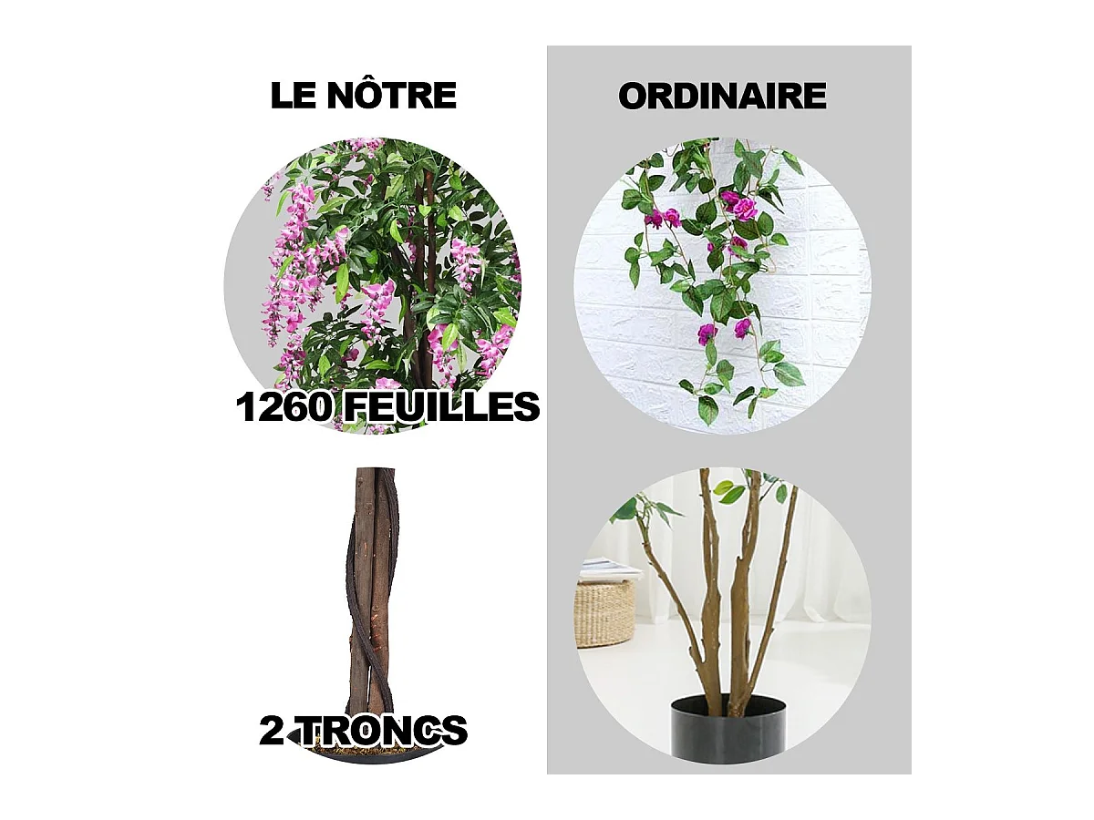 Arbre Artificiel Plante Artificielle en Pot avec Fausses Fleurs Roses Convient pour Intérieur ou Extérieur Wisteria 180cm
