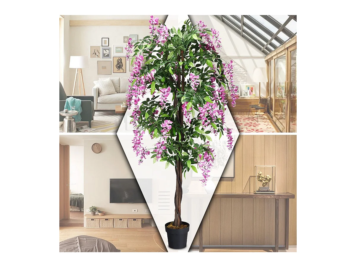 Arbre Artificiel Plante Artificielle en Pot avec Fausses Fleurs Roses Convient pour Intérieur ou Extérieur Wisteria 180cm