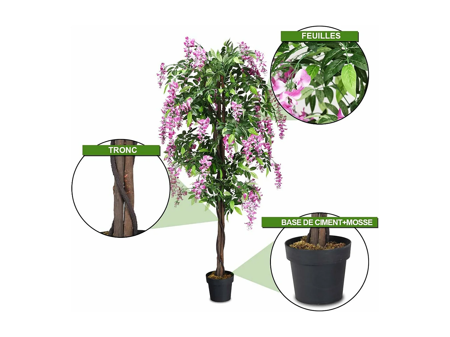 Arbre Artificiel Plante Artificielle en Pot avec Fausses Fleurs Roses Convient pour Intérieur ou Extérieur Wisteria 180cm