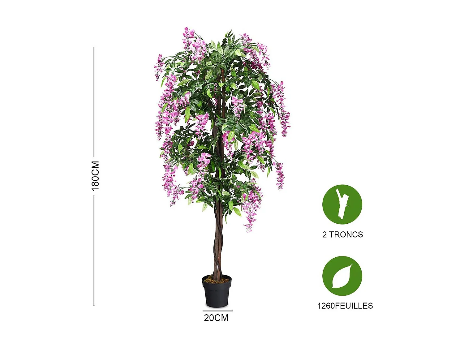 Arbre Artificiel Plante Artificielle en Pot avec Fausses Fleurs Roses Convient pour Intérieur ou Extérieur Wisteria 180cm