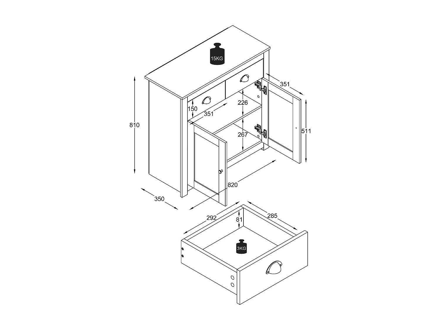 Cómoda de madeira VCM | aparador com portas de batente e gavetas | dimensões aprox. h. 81 x w. 82 x d. 35 cm - Balusa L (branco)