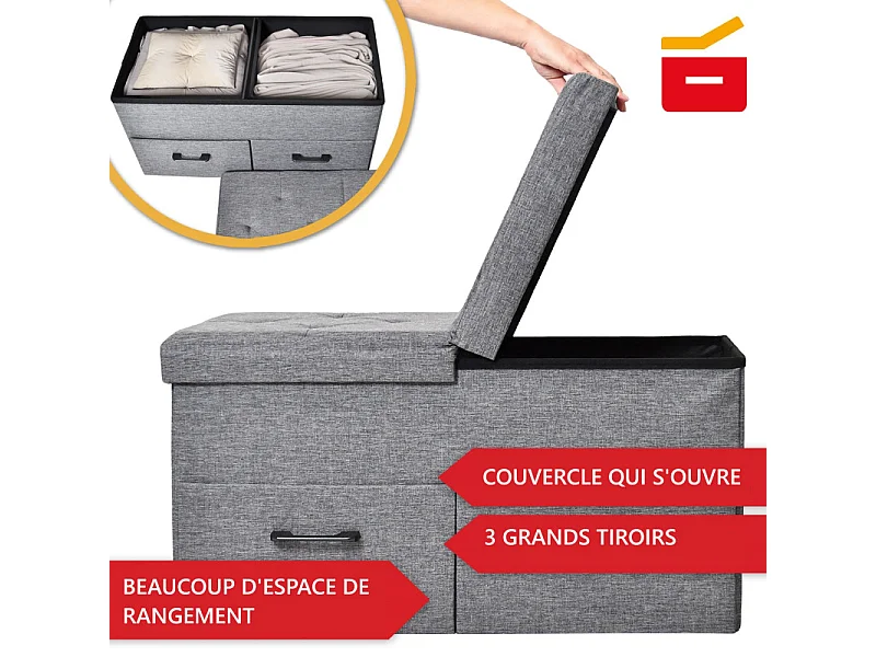 Banc de Rangement avec coffre et tiroirs 2 places 77x40x38cm