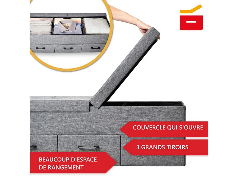 Banc de Rangement avec coffre et tiroirs 3 places 110x36x40cm