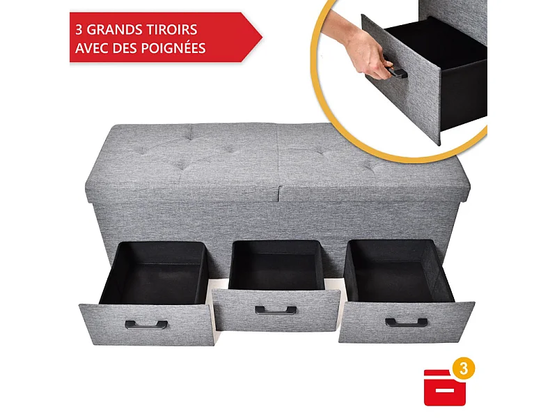 Banc de Rangement avec coffre et tiroirs 3 places 110x36x40cm