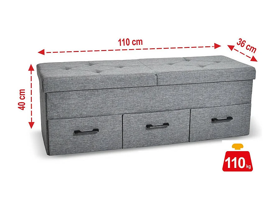 Banc de Rangement avec coffre et tiroirs 3 places 110x36x40cm