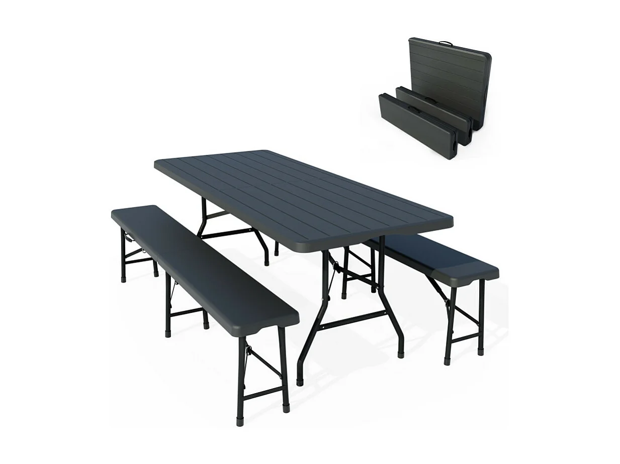 Table de camping table de jardin pliante 180x74x74cm aspect bois avec 2 bancs