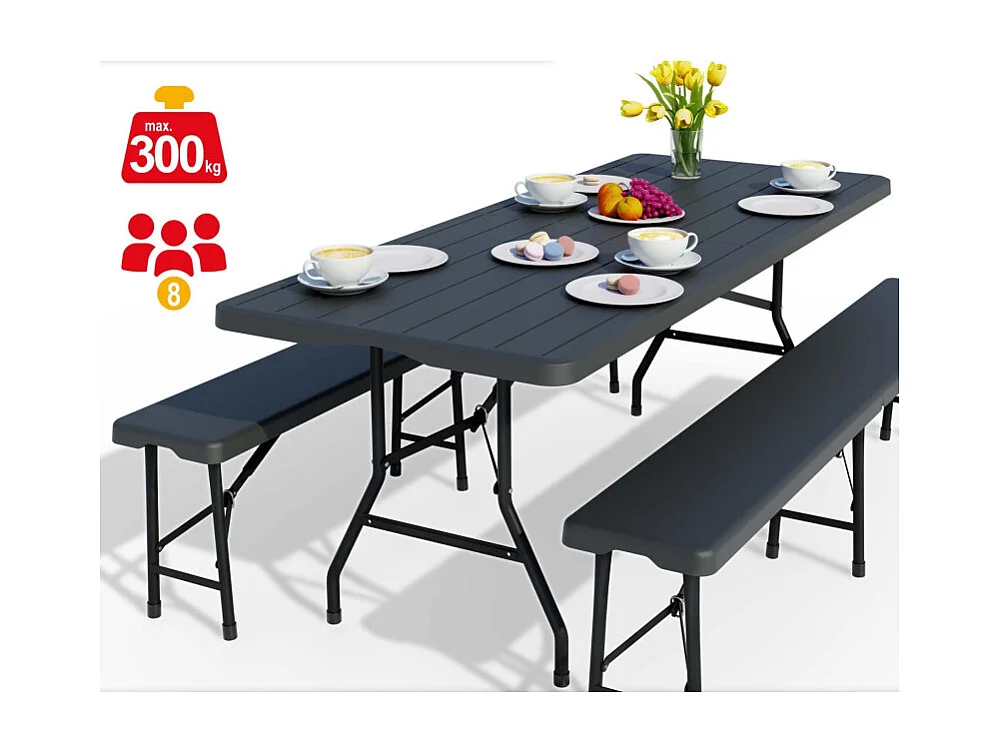 Table de camping table de jardin pliante 180x74x74cm aspect bois avec 2 bancs
