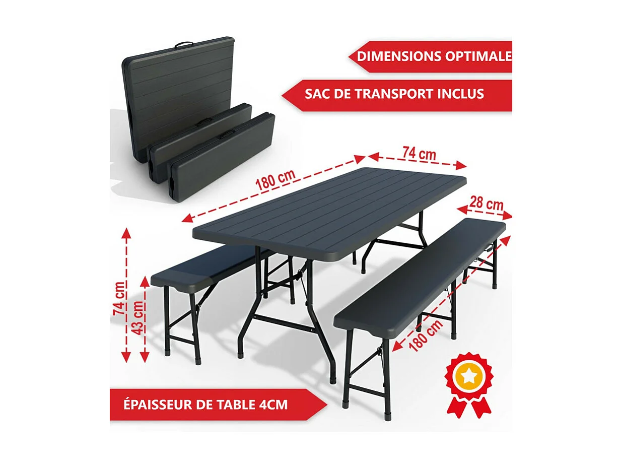 Table de camping table de jardin pliante 180x74x74cm aspect bois avec 2 bancs