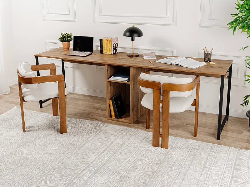 Bureau double avec rangements - Coloris : Naturel et noir - DERVILO