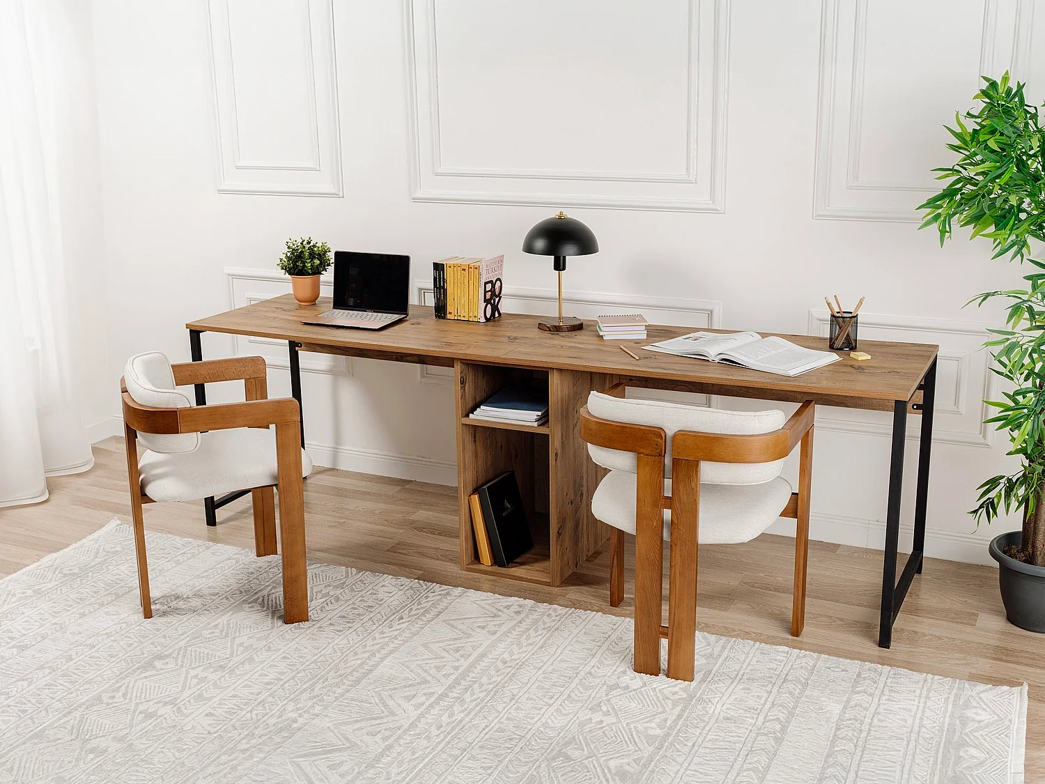 Bureau double avec rangements - Coloris : Naturel et noir - DERVILO