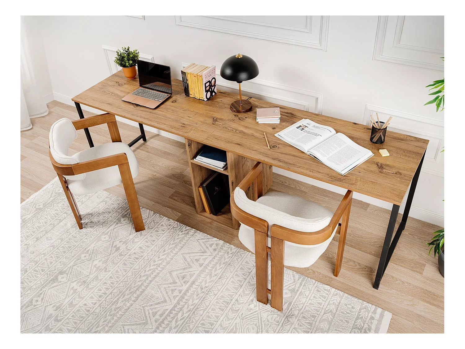 Bureau double avec rangements - Coloris : Naturel et noir - DERVILO