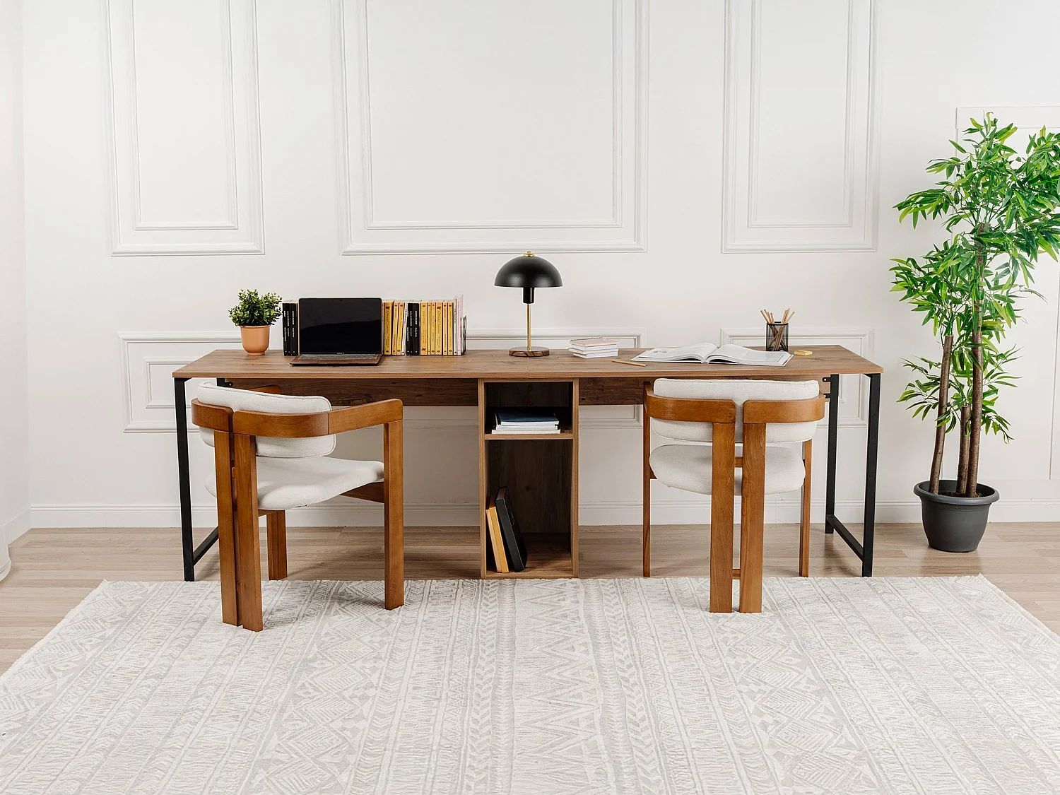 Bureau double avec rangements - Coloris : Naturel et noir - DERVILO