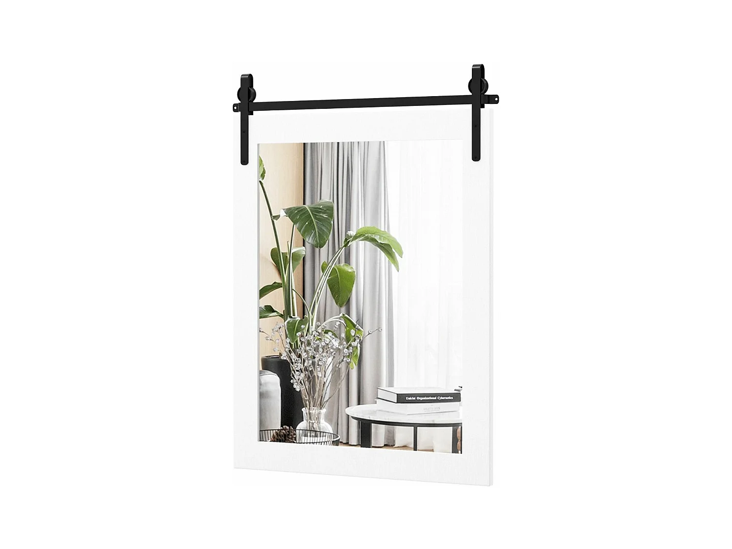 Rustieke wandspiegel met massief houten frame, spiegel met kit, 76 x 56 cm (wit)